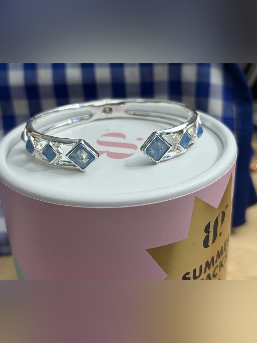 Bomb Party Silver Plated Blue Gemstone Hinged Cuff Bracelet